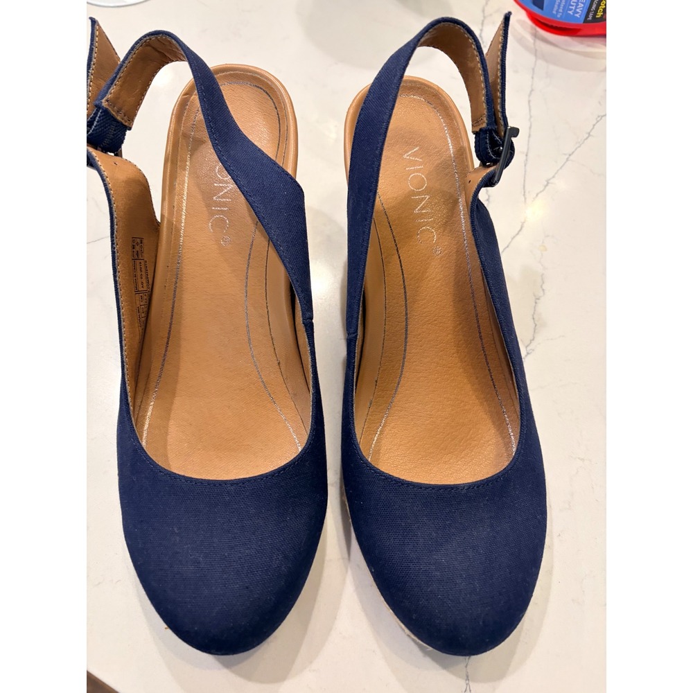 Vionic Coralina Wedge Sandals Navy Blue Canvas Espadrille Slingback Shoes